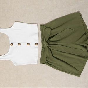 Single breasted rib-knit tank top and belted shorts set